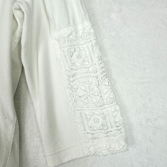 XCVI Crochet Full Zip Jacket Size Large White Cotton Boho 3/4 Sleeve Lightweight - Picture 4 of 7